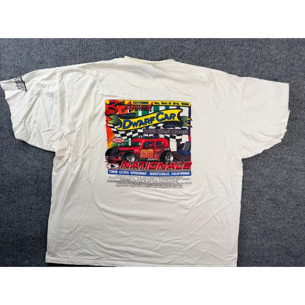 Vintage 90s Jerzees Dwarf Car Racing T-Shirt 2XL White Graphic Tee USA Made 1998